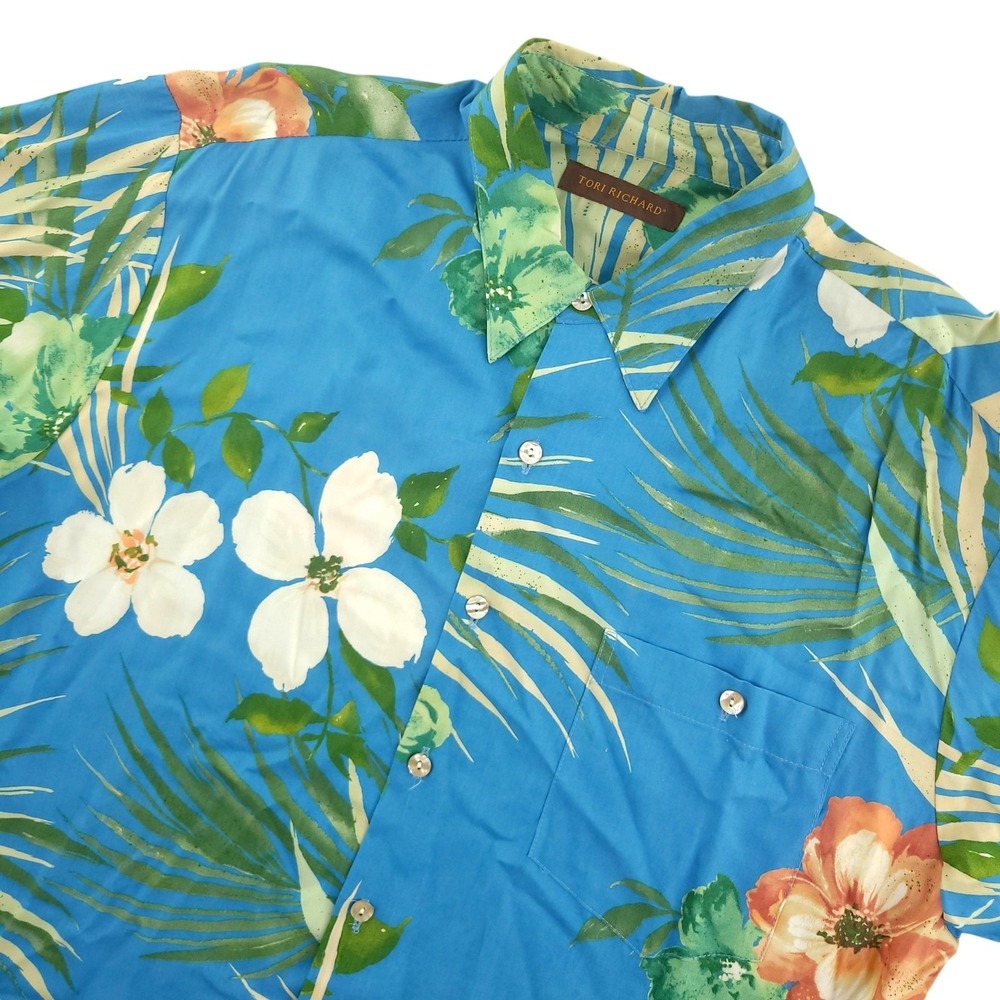 Tori Richard Shirt Mens L Blue Floral Hawaiian Short Sleeve Viscose‎ Button Up